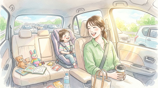 渋滞中に車の中で子どもと楽しそうに話している女性
