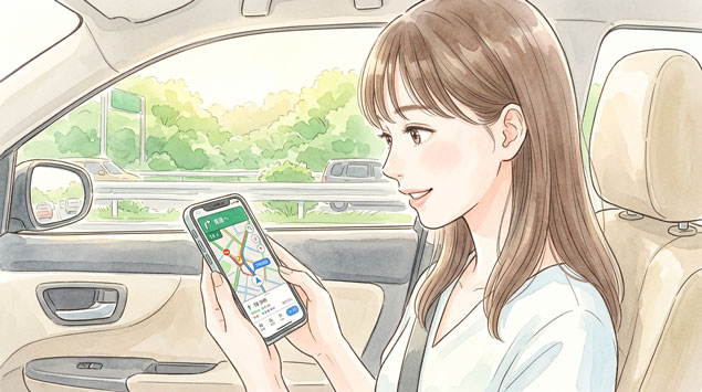 カーナビを見ながら出発時間を考えて納得した表情の女性