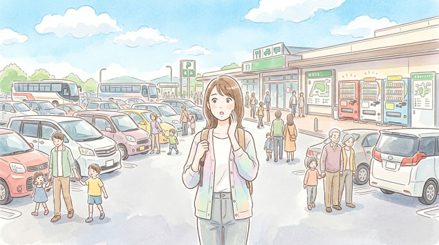 ゴールデンウィーク中に混雑した高速道路のサービスエリアで立ち尽くす女性