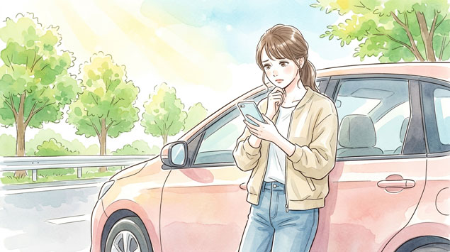  スマートフォンで高速道路の渋滞情報を確認して驚く女性