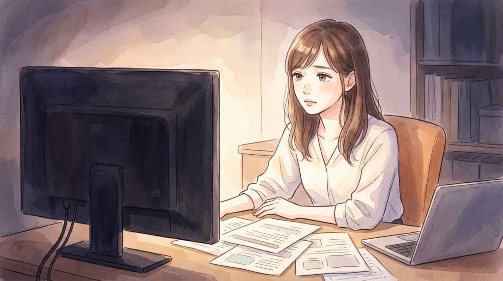夜遅い時間帯にオフィスで仕事をしながら疲れた表情でテレビを見ている女性のイラスト