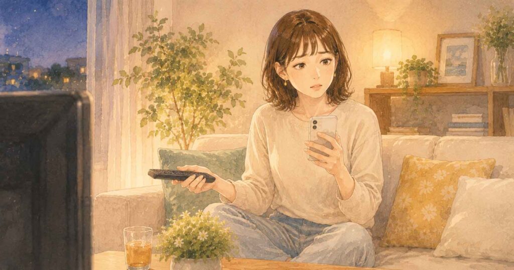 リビングでテレビのリモコンを持ちながらスマートフォンを見て困惑している女性 よくある質問用
