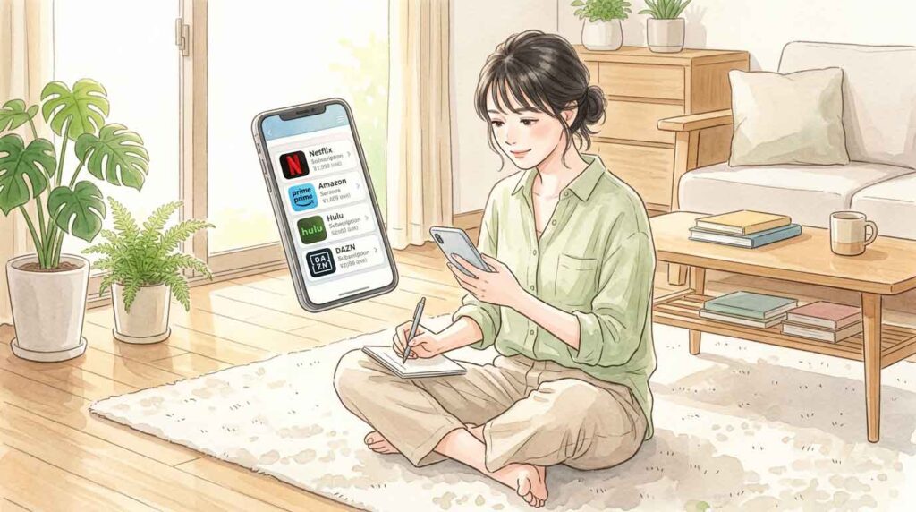 スマートフォンでDAZNやNHKのアプリを確認しながらメモを取る女性のイラスト