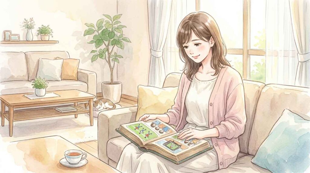 親子でテレビのサッカー中継を見ていた時代を懐かしむような女性のイラスト