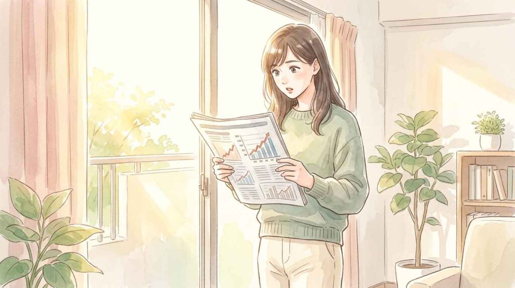 円安や放映権料の高騰を示すグラフのような画像を見て驚く女性のイラスト