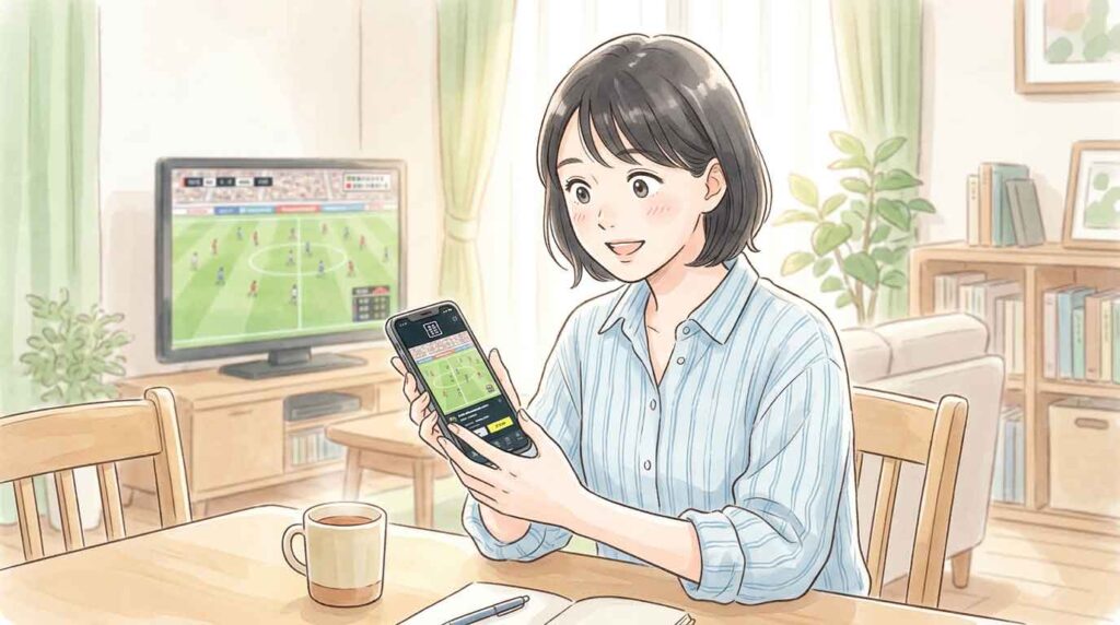 スマートフォンとテレビ画面でサッカー観戦の視聴スタイルを比較するイラスト