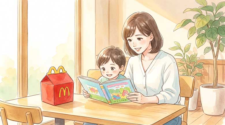 カフェでハッピーセットの絵本を子どもと一緒に読んでいる女性のイラスト
