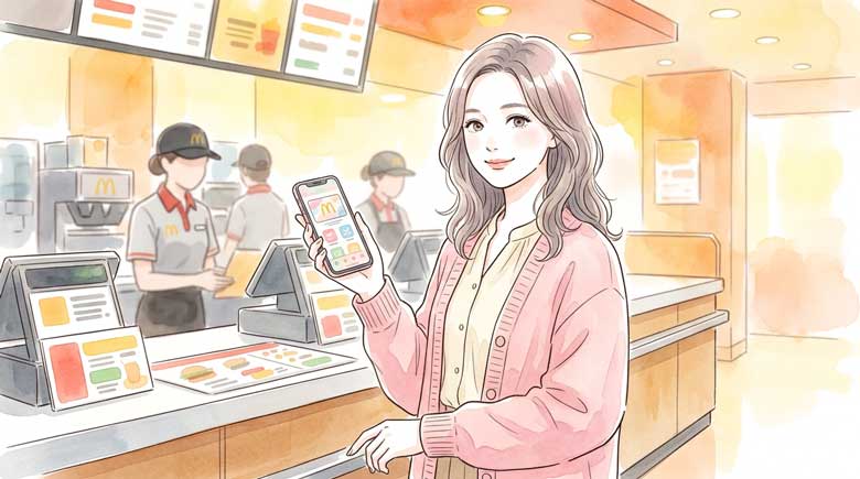 スマートフォンでフリマアプリを見て首をかしげる女性のイラスト、転売禁止のイメージ