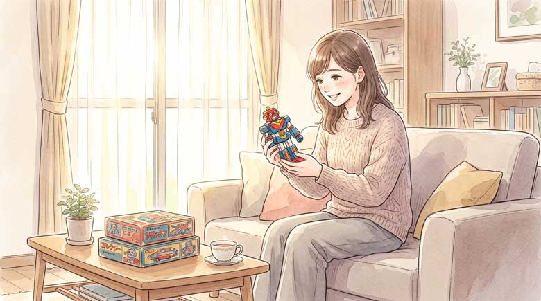昔なつかしい変形ロボットのおもちゃをながめて懐かしそうな表情の女性のイラスト