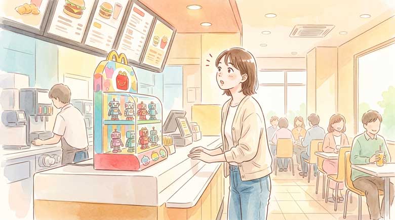 マクドナルドの店内でハッピーセットのメニューを見て驚いている女性のイラスト