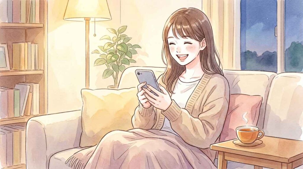 自宅のソファでスマートフォンを見ながら音楽配信を楽しんでいる女性のイラスト