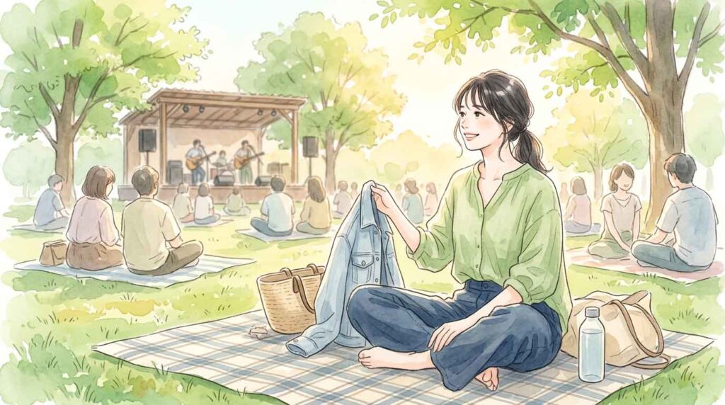 日比谷公園の芝生でピクニックシートに座りながら音楽を聴いている女性のイラスト