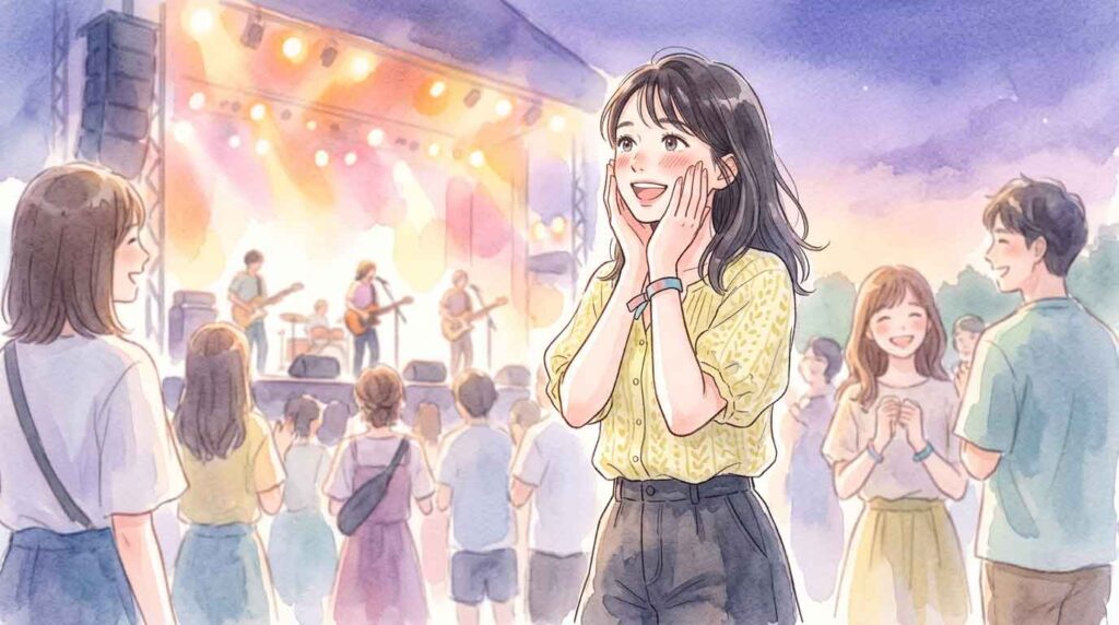 ステージ上で熱いライブパフォーマンスを観て興奮している女性のイラスト