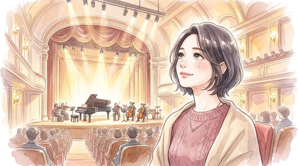 東京国際フォーラムのホールA内部で音楽を聴きながら感動している女性のイラスト