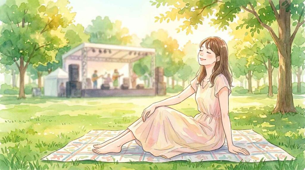 日比谷公園の緑の中で音楽を楽しんでいる女性のイラスト