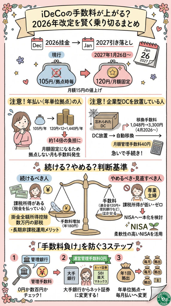 iDeCoの手数料が上がる?2026年改定の正確な金額と、やめるべきか続けるべきかの判断基準インフォグラフ
