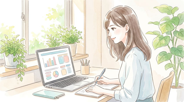  パソコンでネット証券の比較サイトを見ているスマートな日本人女性のイラスト