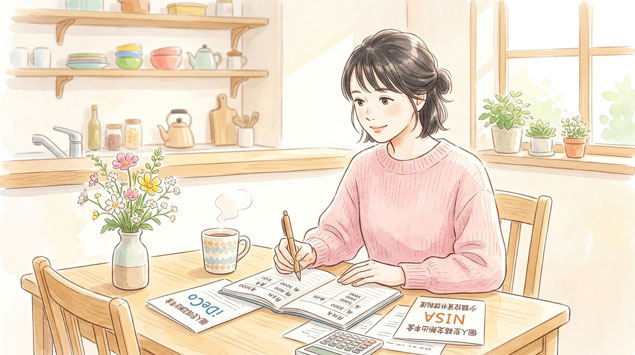 テーブルの上に家計簿とコーヒーを置いて手数料の変更内容を確認している女性のイラスト