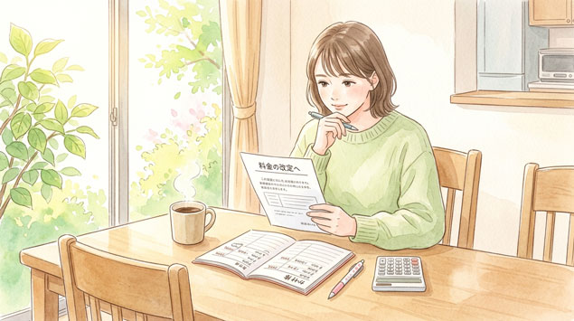 電卓と年間節税額のメモを見て安心した表情の女性のイラスト
