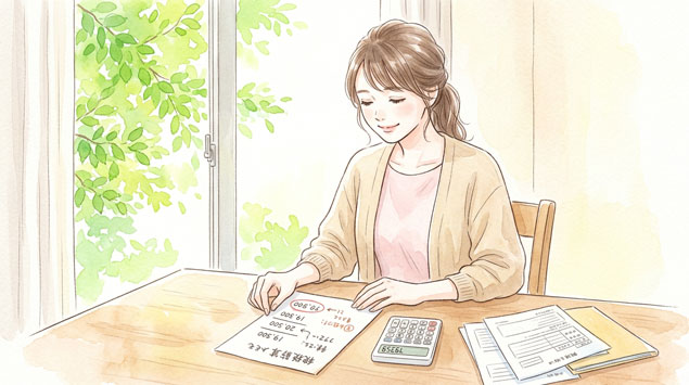  家計の収支をノートに書き込みながら考えている日本人女性のイラスト