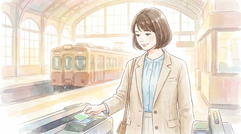 交通系ICカードをタッチして電車に乗ろうとしている女性のイラスト