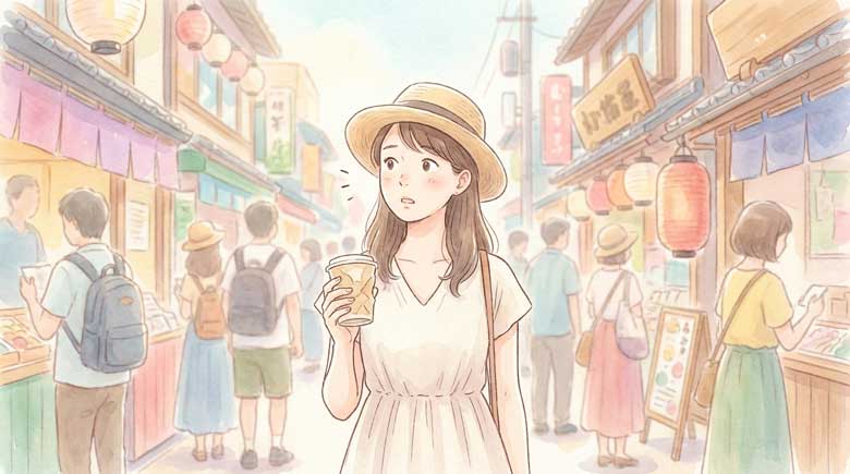 街中のゴミ箱を探して周りを見渡している外国人旅行者を見かけた女性のイラスト