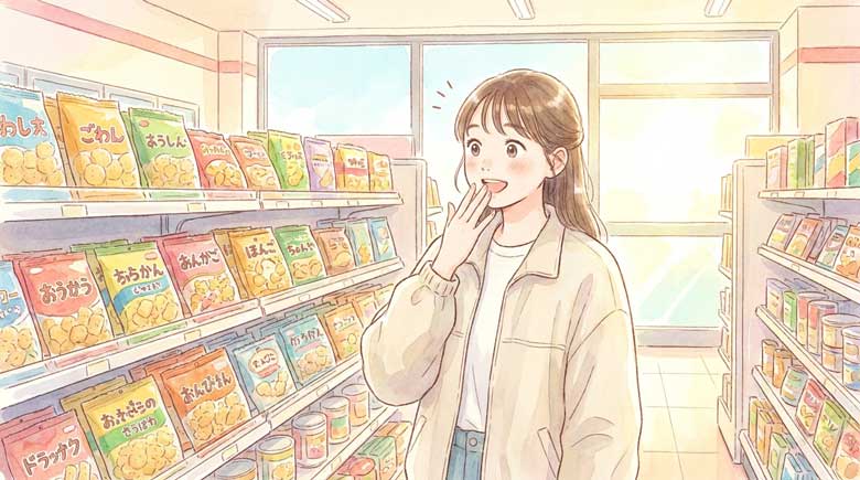 コンビニのスナックコーナーで棚を眺めて驚いた表情をしている女性のイラスト