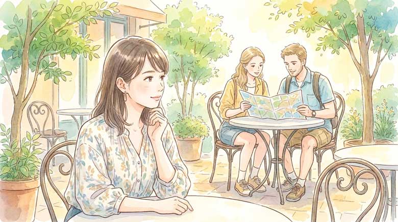 カフェで地図を見ながらどこに行こうか考えている欧米系の旅行者を見かけた女性のイラスト