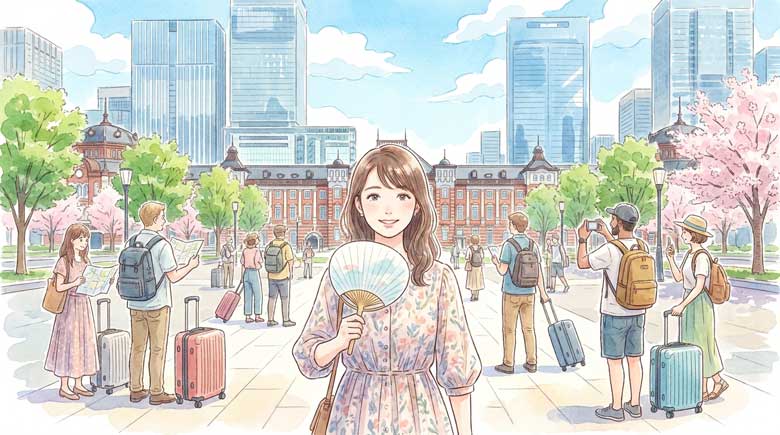 東京駅の広場でキャリーバッグを持つ外国人旅行者たちを遠目に見ている女性のイラスト