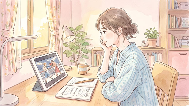 自宅の書斎でタブレットでボクシング試合を見ている女性