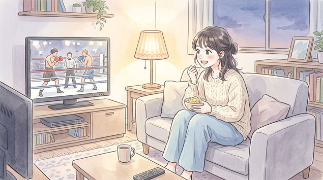 自宅のソファでテレビのボクシング観戦をしている女性
