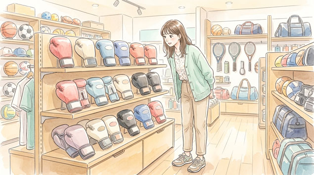 スポーツショップでボクシンググローブを見て感心する女性