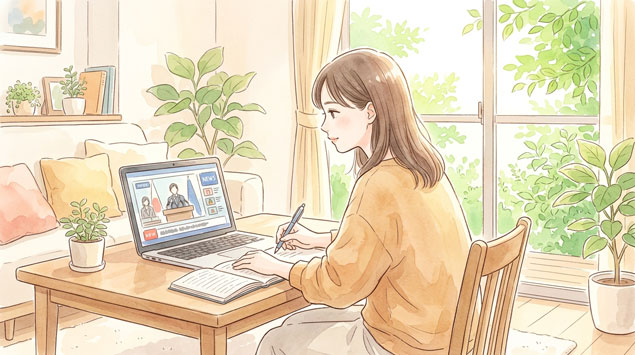 自宅のリビングでPCを見てメモを取る女性