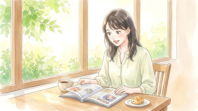 カフェでスポーツ雑誌を読んで驚く女性