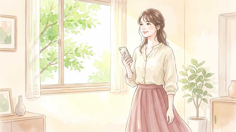 スマートフォンを手にしてアップデートを決断しようとしている女性
