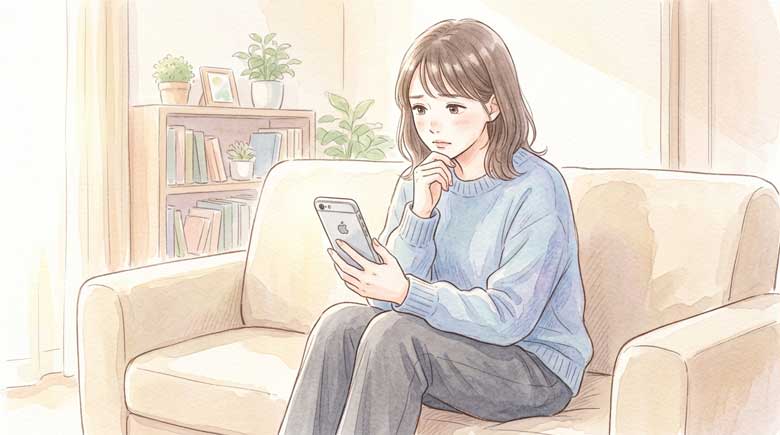 古いiPhoneを手にしながら悩んだ表情でソファに座る女性