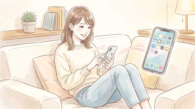 カフェでiPhoneを操作しながら「あれ、なんか快適!」と気づいた表情の女性