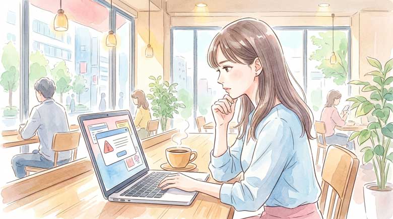 パソコンの前でセキュリティの通知画面を見て真剣な表情の女性