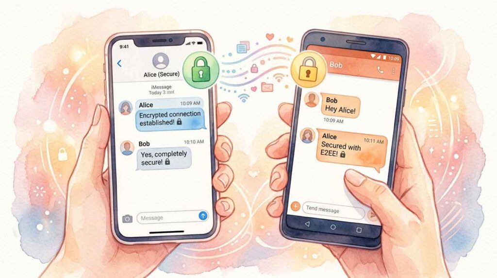 iPhoneとAndroidスマートフォンを示す鍵マーク付きのメッセージ画面