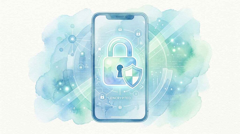 鍵マークと盾のシンボルで保護されたスマートフォン画面
