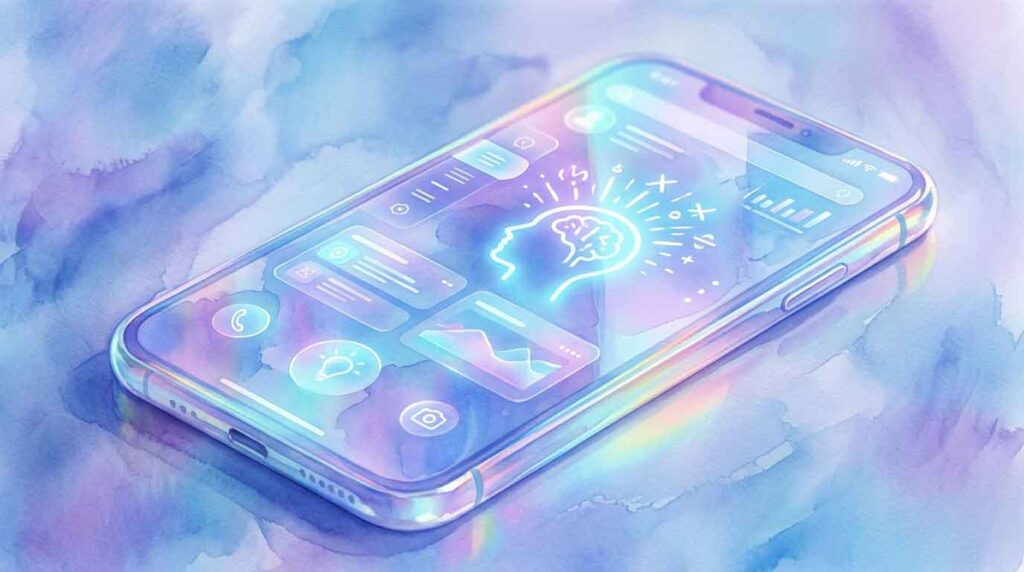 光が反射するガラス状のスマートフォンインターフェースと思考のアイコン