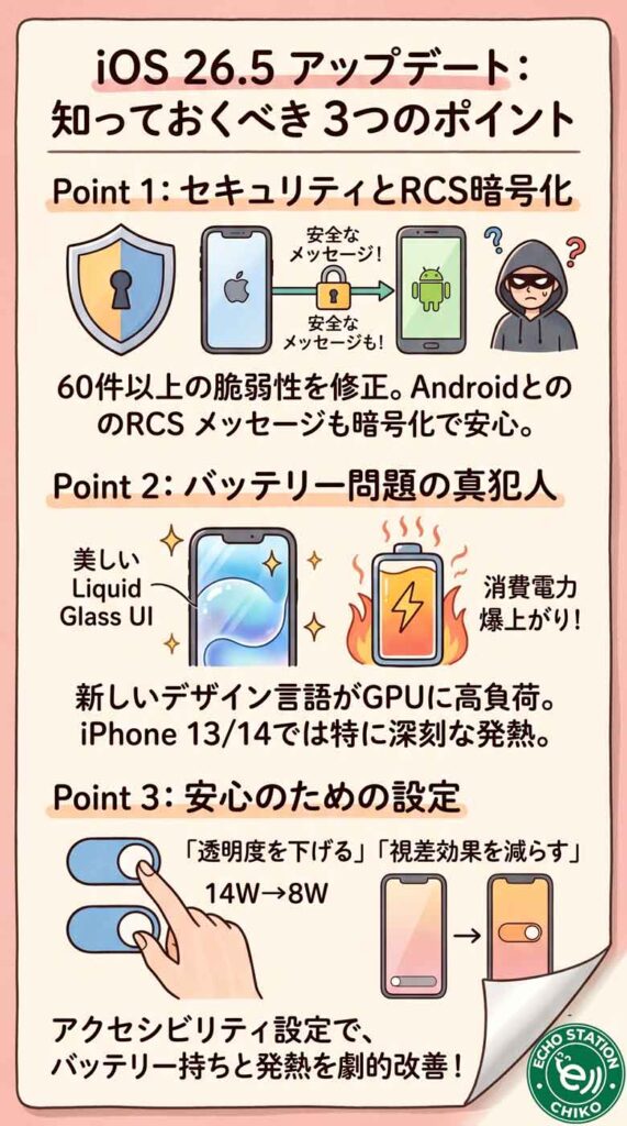 iOS 26.5アップデートで何が変わった？バッテリー問題の真犯人と、知っておくべき安心のための新機能 インフォグラフ