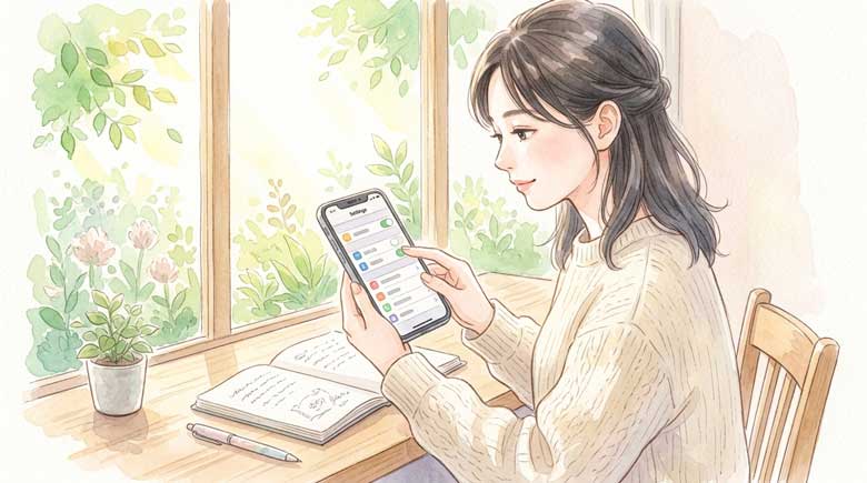 スマートフォンを手に持って設定画面を確認している女性のイラスト