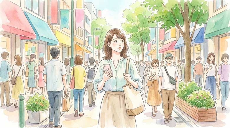 繁華街で人混みの中、スマートフォンを手に持って歩く女性のイラスト