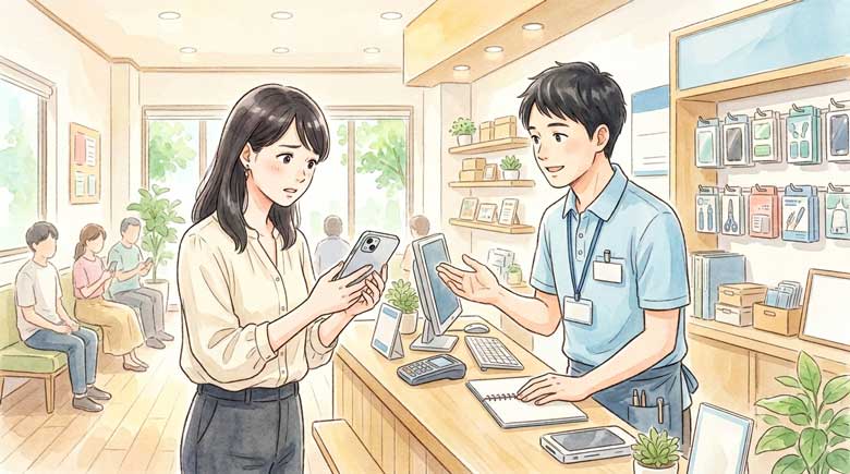 PIC4 | alt: iPhoneを持ったまま修理カウンターで困っている女性のイラスト