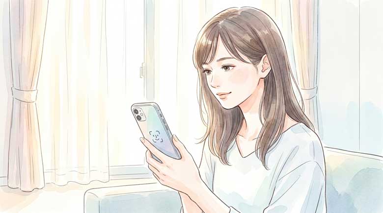 Phoneの設定画面でFace IDを使って本人確認している様子のイラスト