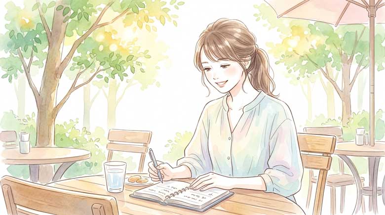 フェスのスケジュール帳を見ながら夏のお出かけを計画する女性