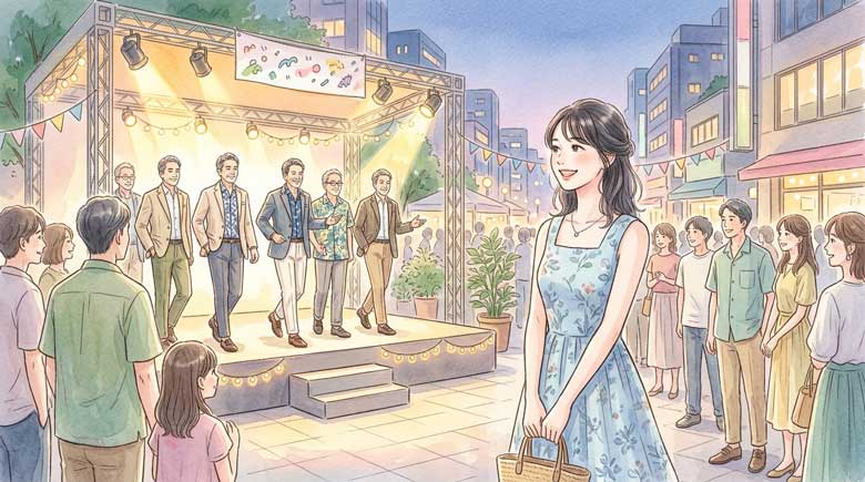 おしゃれなジャケット姿の男性たちがステージに並んでいる場面を見つめる女性
