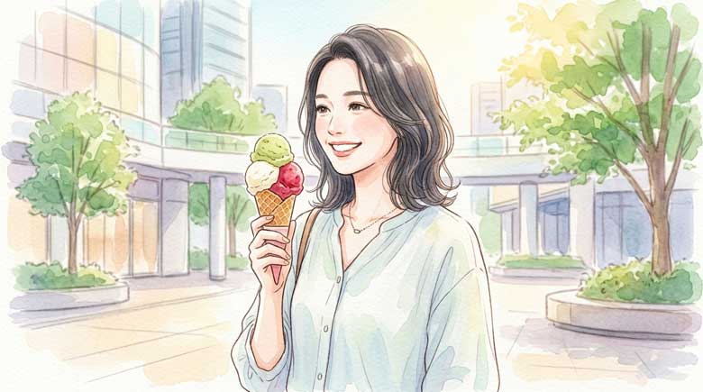 PIC4 | alt: 三色ジェラートを手に六本木ヒルズの前で笑顔の女性