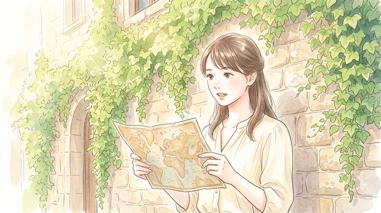  歴史的な外交書類や蚕の絵が描かれた壁画の前に立つ女性